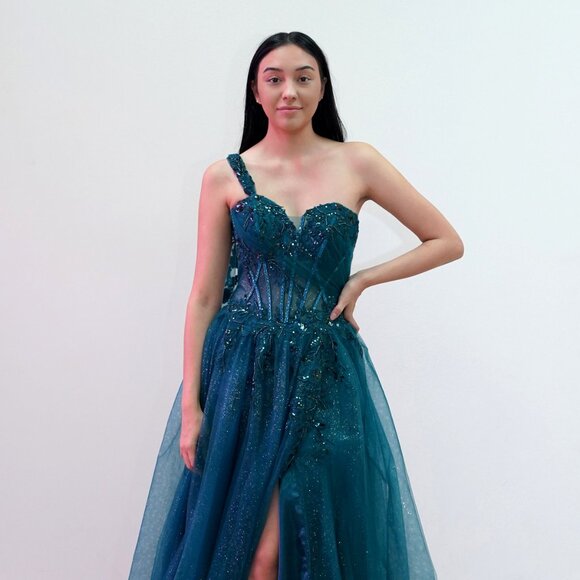 New Sleeveless Elegant Maxi Ball Gown w/ One Shoulder Cape & Strap JT2615U - Picture 1 of 8